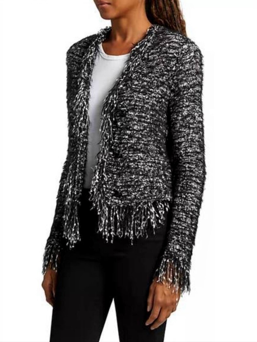 🆕 L'AGENCE "EYELASHES" BLACK & SILVER TEXTURED BOUCLE FRINGE JACKET CARDIGAN - Picture 5 of 15